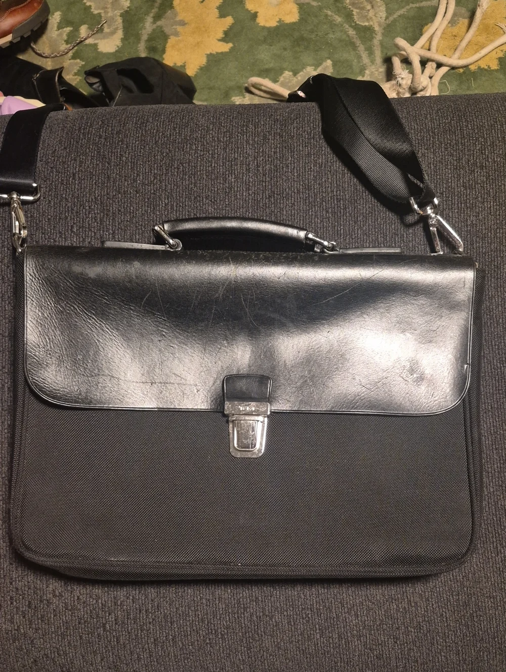 Tumi Black Men's Leather & Nylon Briefcase with Shoulder Strap